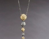 Long, Dangle, Gold Drop, Hand Made Necklace, Punched Hole 5 Drop Blackened Sterling and 22k Gold Bimetal