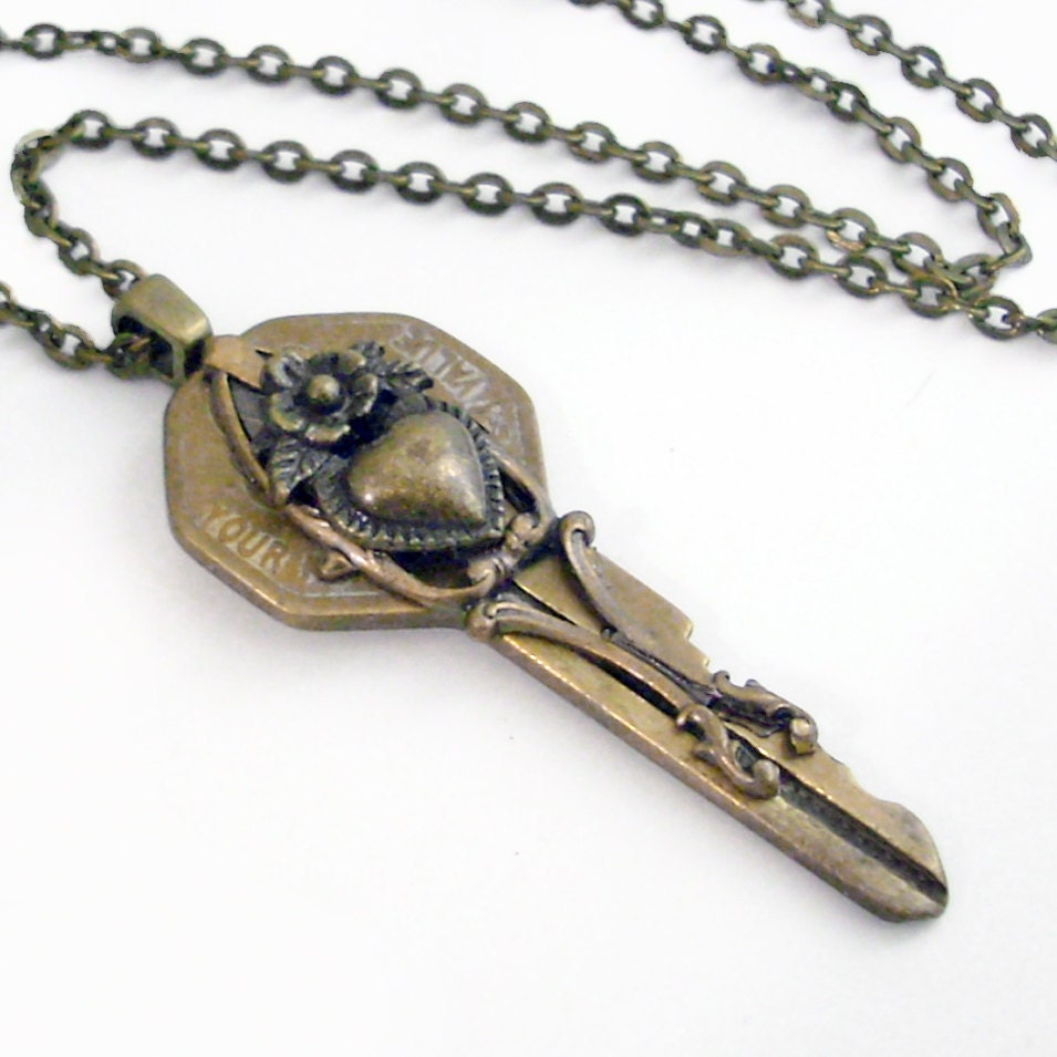 Heart Key Necklace - Key Pendant Handmade Jewelry - Victorian Bronze Heart