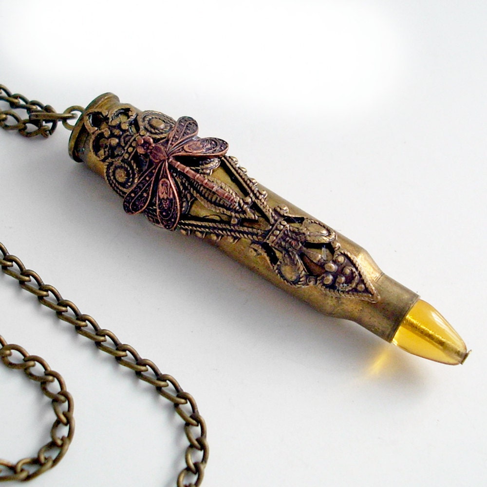 Dragonfly Jewelry - Steampunk Bullet Necklace - Extra Long Chain