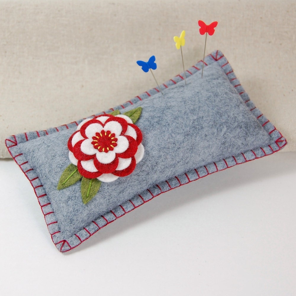 Wool Felt Pin Cushion / Small Pillow - Red & White Flower Hand Embroidered on Light Gray / Grey