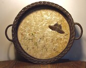 Antique Wicker Tray Milkweed Wildflowers & Moth Art under glass / OOAK