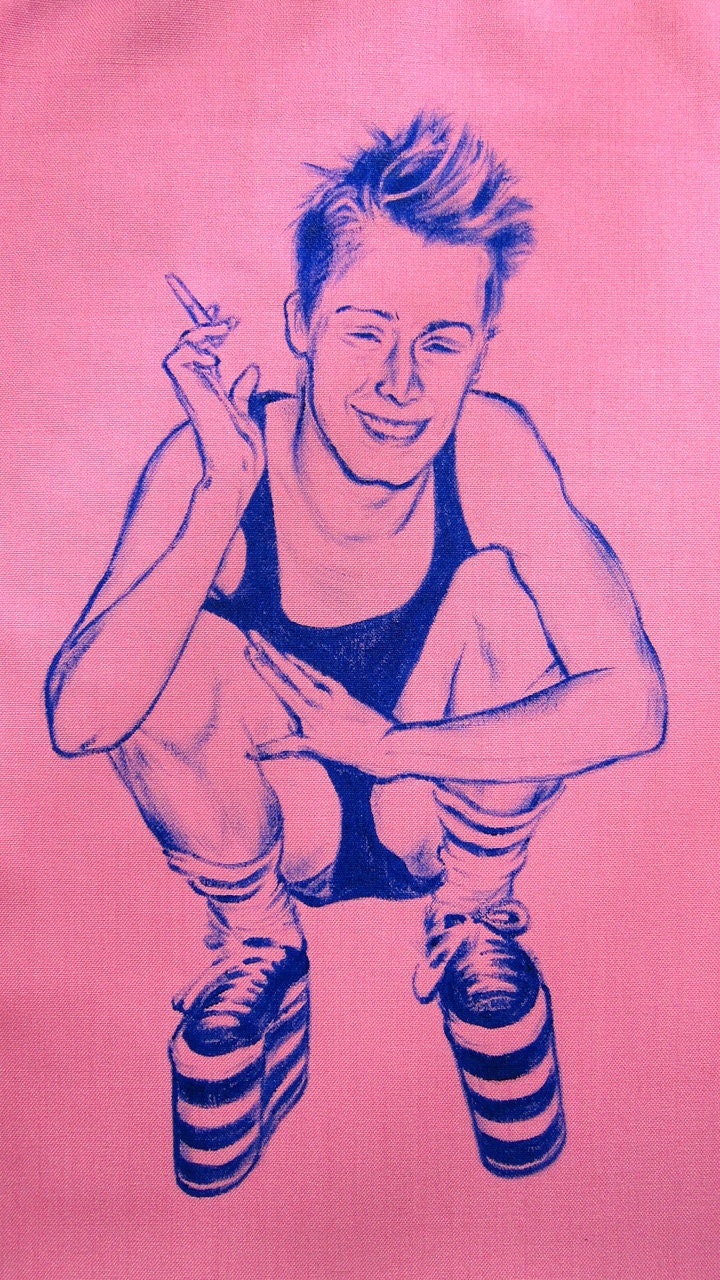 Macaulay Culkin - handmade hand painted tote bag (pink and blue)