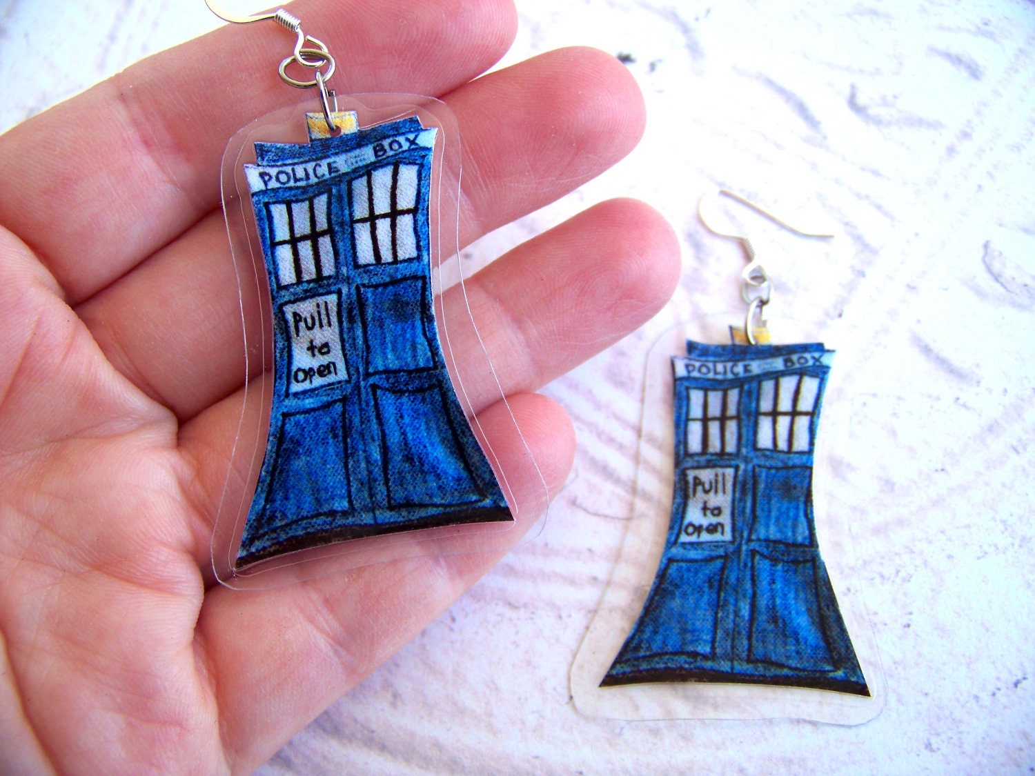 Hand Drawn Police Box Earrings Blue Sci-Fi Inspired, Paper Jewelry, Custom Sizes & Wires Available