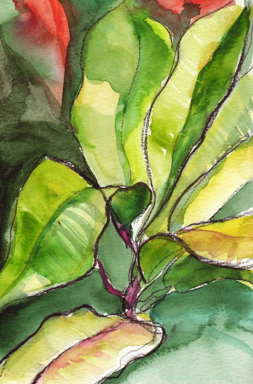 Art Painting Watercolor Tropical Abstract  Lime Green Foliage Leaves Print