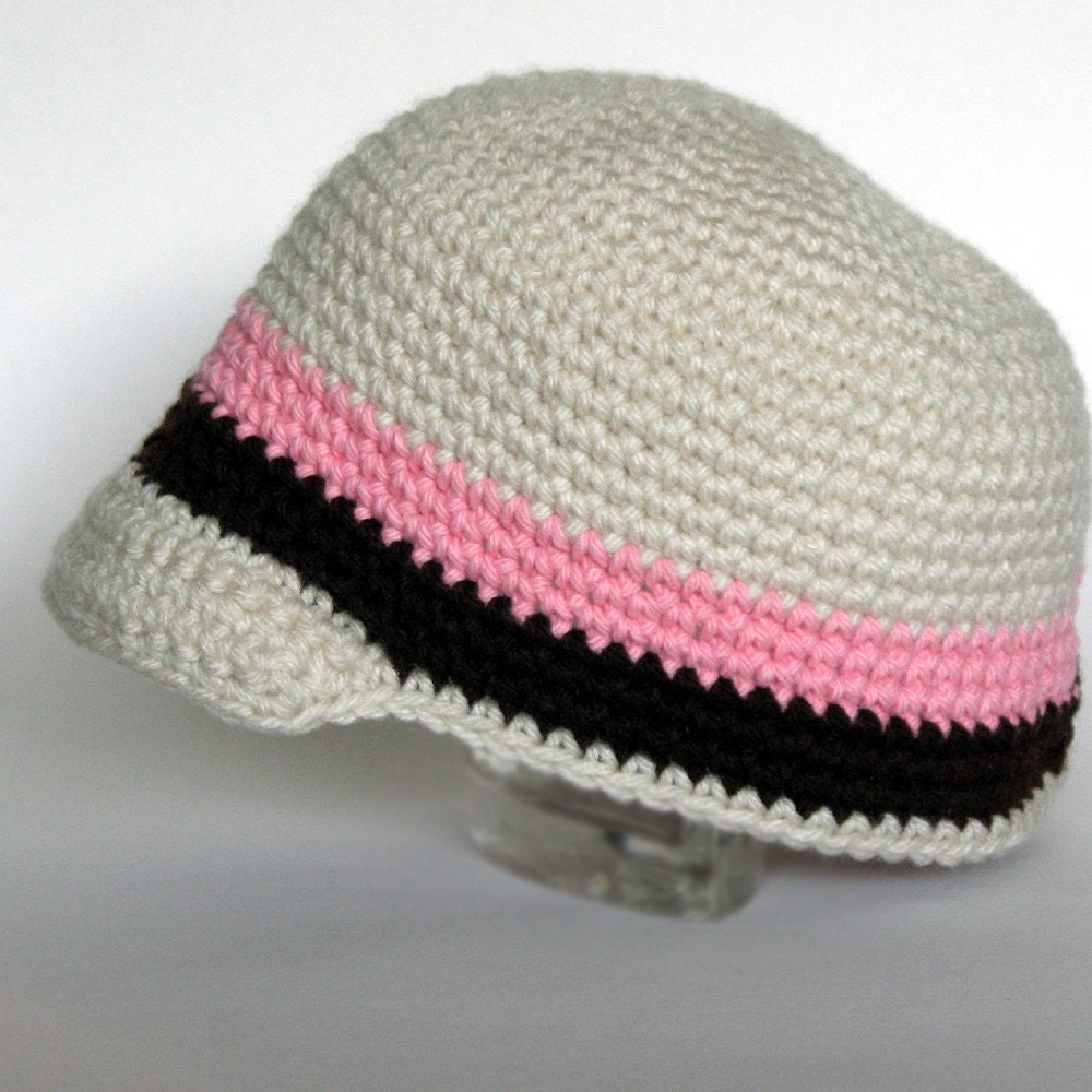 Striped Newsboy / Newsgirl Cap beanie hat brim stripes pink tan taupe cream summer crochet baby adult toddler woman man boy girl pattern