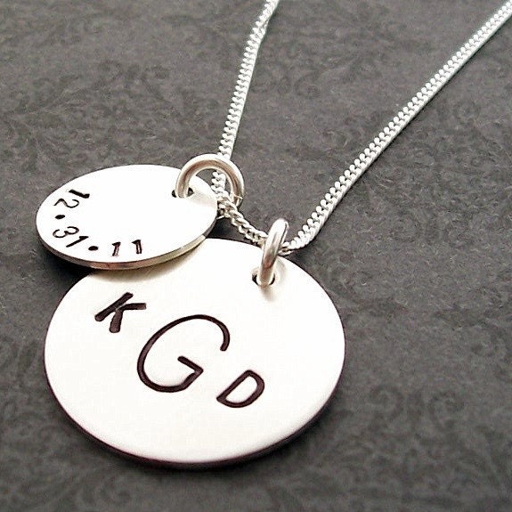 Wedding and Anniversary Celebration Necklace - EWD Hand Stamped Sterling Silver with Couples Initials and Wedding Date