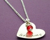 Grandmother's Cupped Heart Necklace - Personalized Heart Pendant in Sterling Silver with Swarovski Birthstone Crystal for Mom or Grandma