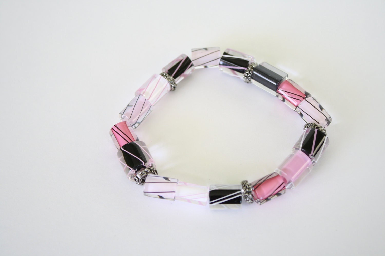 Pink and Black Striped Glass Beaded Bracelet