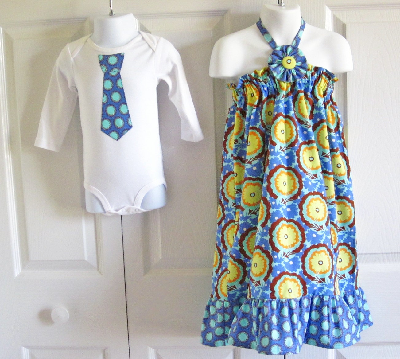 Brother Sister Matching Outfits - Girls Ruffled Halter Dress Boys Tie Onesie or Tie Tshirt - choice pink or blue - Soul Blossoms collection