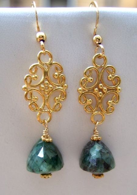 Chandelier earrings. Gold earrings. Drop earrings. Green jewelry. Emeralds. Bali filigree. GARDEN