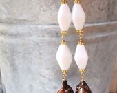 Pearl earrings. Chocolate brown pearl, white glass, gold earrings. Copper freshwater pearls. Long earrings. CRISP