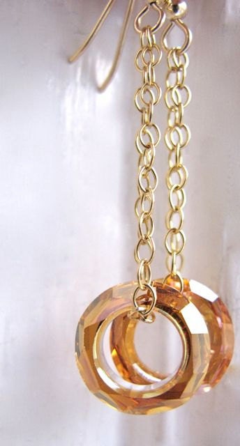 Gold earrings. Dangle earrings. Crystsal drops. Chain earrings. Crystal jewelry. Topaz. AMBER LIGHT