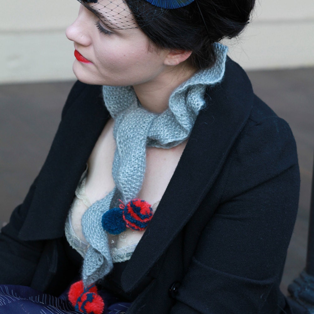 Columbine Pom-Pom Scarf - Grey with Teal and Coral