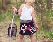 Girl's Organic Bird and Branch Yoga Waist Skirt..  Black with Stripe and Pink Detail Sizes 12/18M through 10
