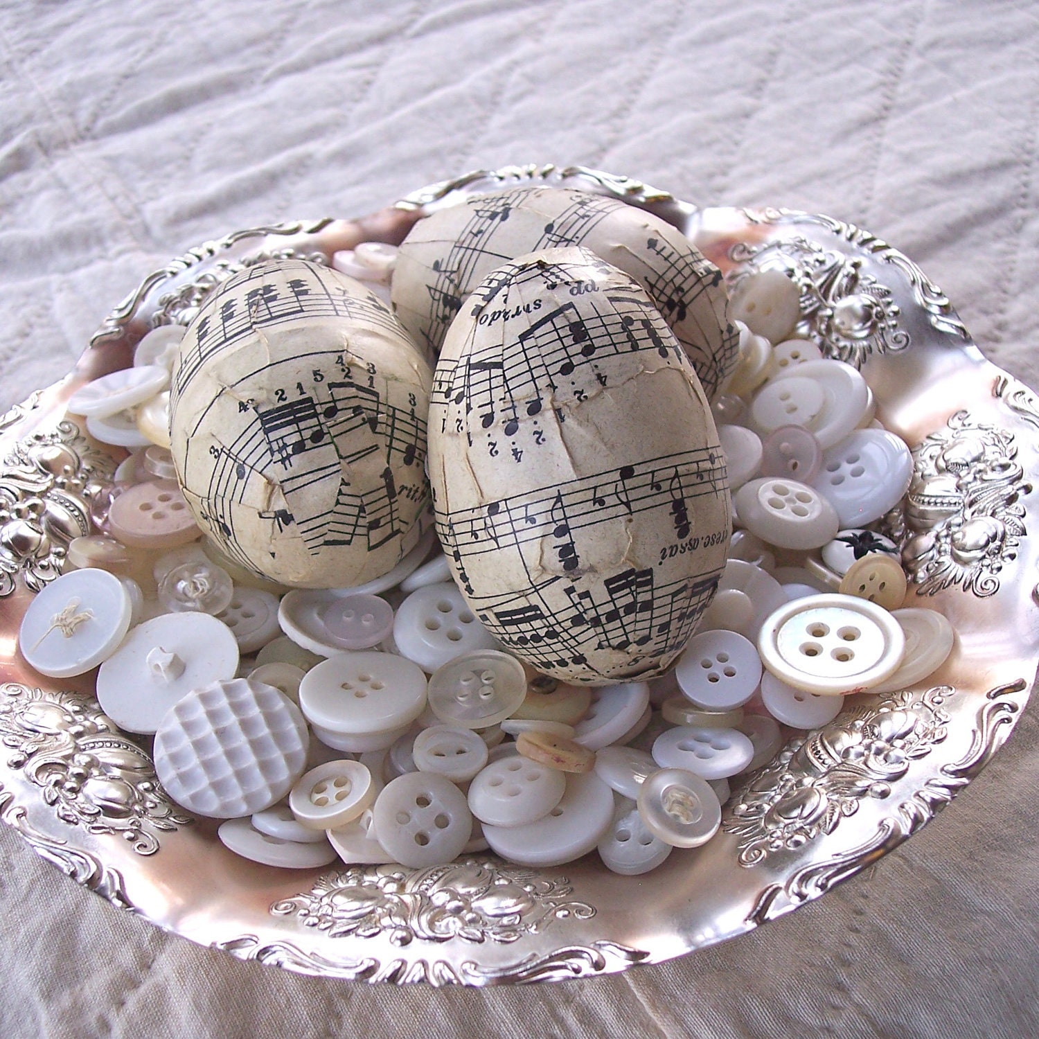 Decoupage Antique Music Eggs - Upcycled Plastic Eggs - Antique Sheet Music- Sepia Tone Antique Paper - Set of 3- Reclaimed Piano Sheet Music