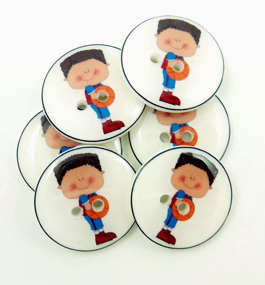 Basketball Buttons. Handmade Buttons.  6 sewing buttons. 3/4" or 2 cm round.