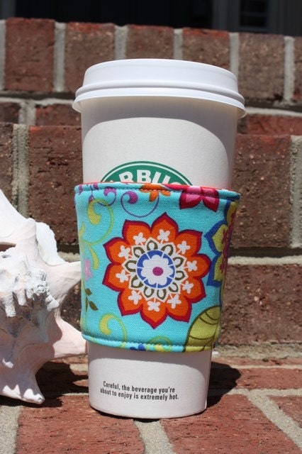 Fabric  Coffee Cozy / Coffee Sleeve - Paisley Spree - Aqua
