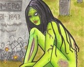 Nude Green Zombie Pin Up in Cemetery living dead graveyard sexy dark art horror fantasy 4 x 6 Print