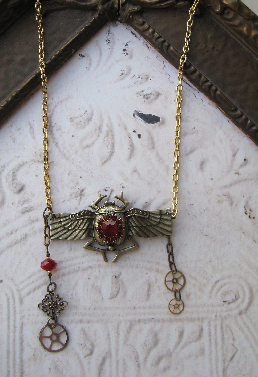 Steampunk Vintage Egyptian Scarab Mechanical Beetle NECKLACE antique blood red rhinestone jewellery watch parts