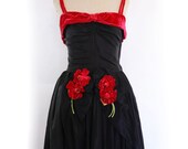 SALE 40s Black Gown / Red Flower Appliques / Sweetheart Cut / Velvet Lined