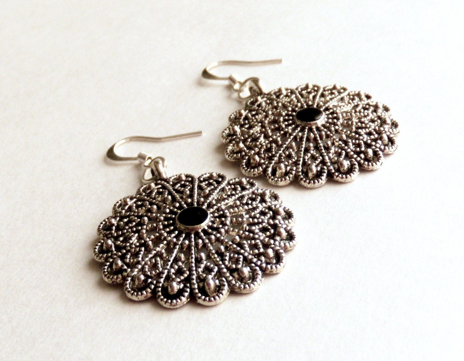 Silver Spanish Dangles - Black and Silver Plated Medallion