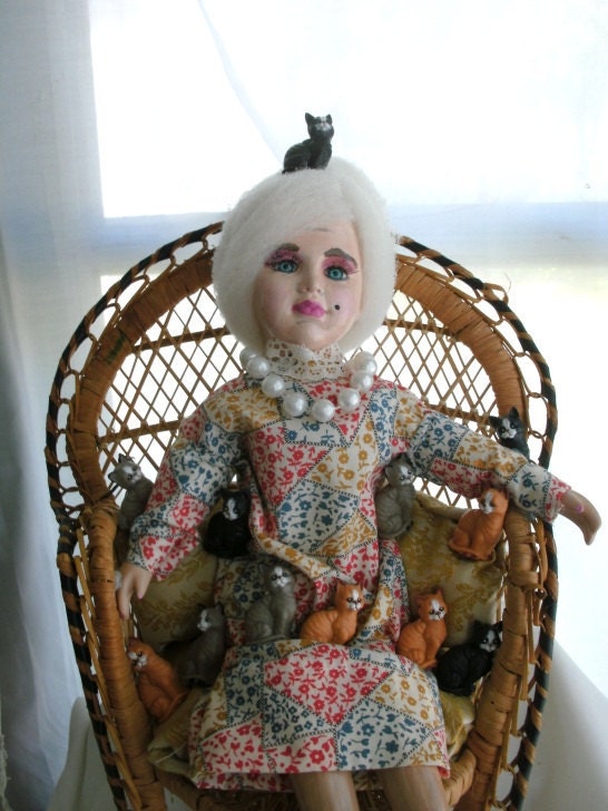 Crazy Old Cat Lady Assemblage Doll
