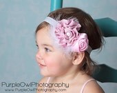Pink Baby Flower Headband -  Infant Ruffle Rosette Baby Headband - Toddler/Girl Feather Headband - Pink & White Baby Headband Photo Prop