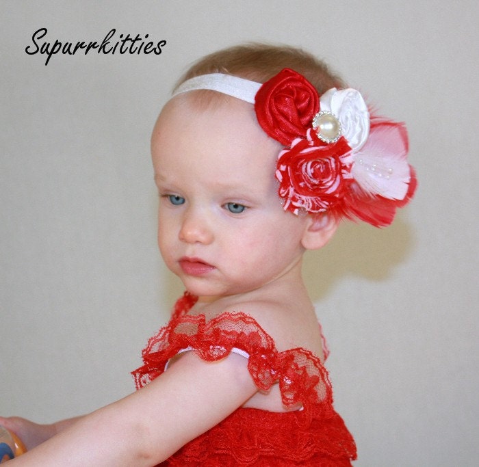 Red/White Baby Headband - Rosette Baby Headband - Shabby Flower Headband - Toddler/Girl Flower Headband - Baby Photo Prop