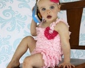 Pink Baby Petti Romper - Lace Baby Ruffle Romper with Hot Pink Chiffon Heart Baby Headband Valentine's Day