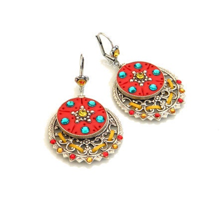 Earrings Red Boheme,chandelier earring,dangle,polymer clay,metal,rhinestone,handmodelled,colorful,ethnic,chic,hippy