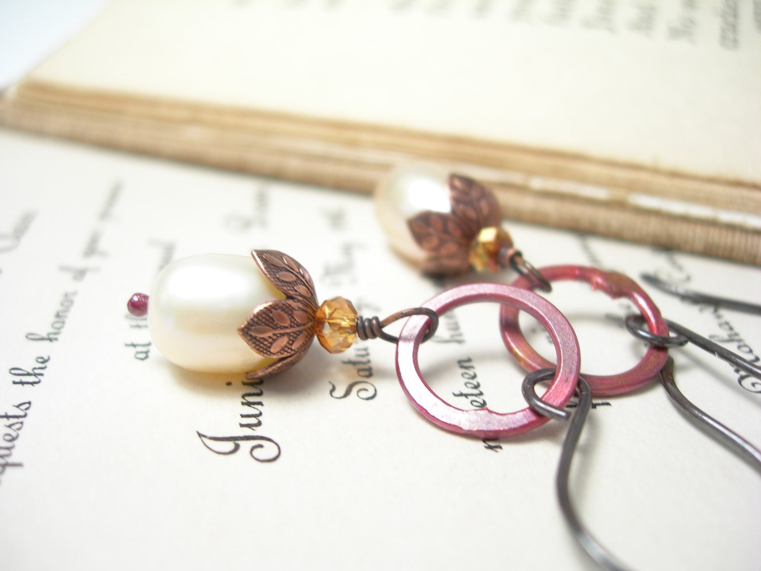 Copper earrings almond pearls swarovski copper crystals