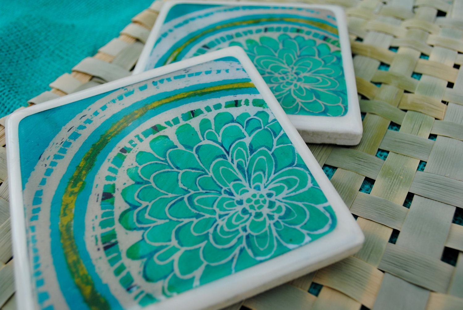 Green Mandala Recycled Ceramic Coasters (set of 2)