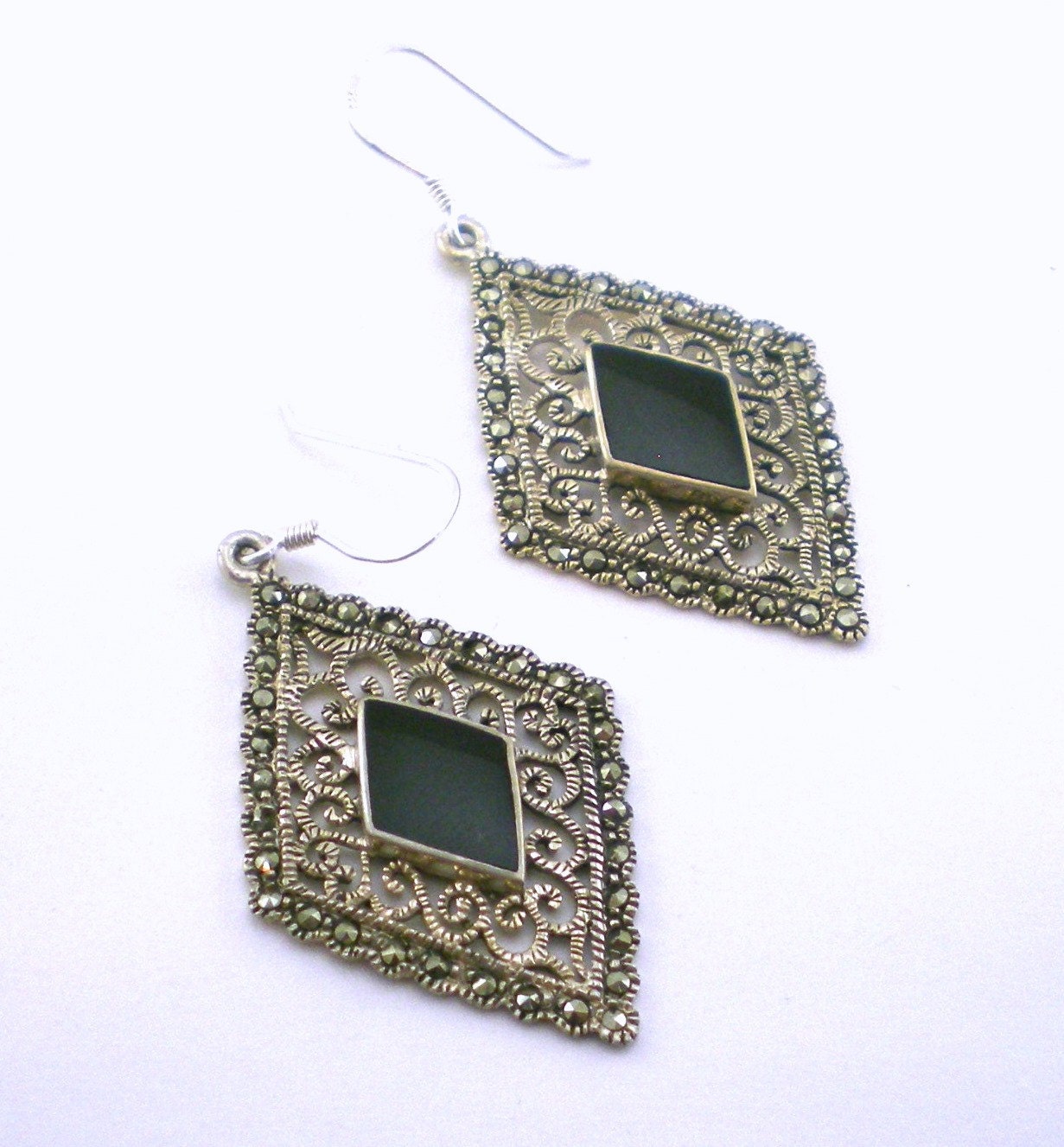 Art Deco Earrings  Sterling Silver Vintage Filigree Geometrical Onyx Marcasite Pierced Dangle