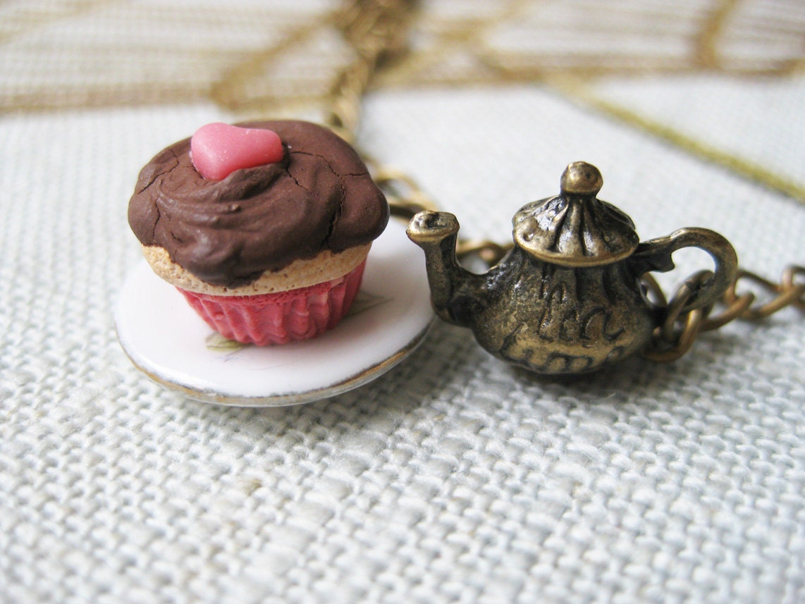 Cupcake Necklace Chocolate Tea Pot Charm
