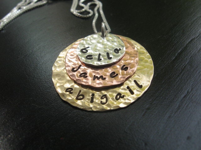 Family name necklace, hand stamped three stacked disc necklace with silver, copper and brass- HAMMERED