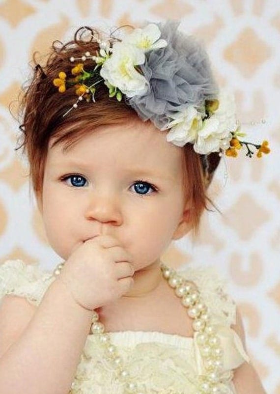 Flower Girl fancy braided headband for dress up and photo props in grey, yellow creme