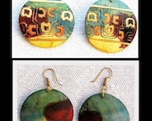 Vintage Earrings Dangle Wood Batik Hippie Art