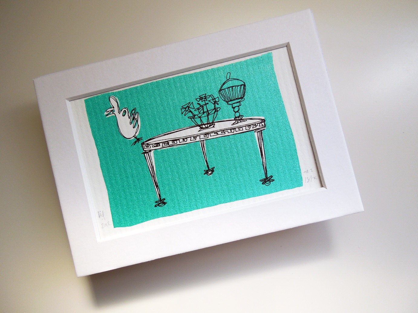 Curios - silkscreen print of Fifties retro decor: seafoam green metallic (4x6" with 5x7" mat)