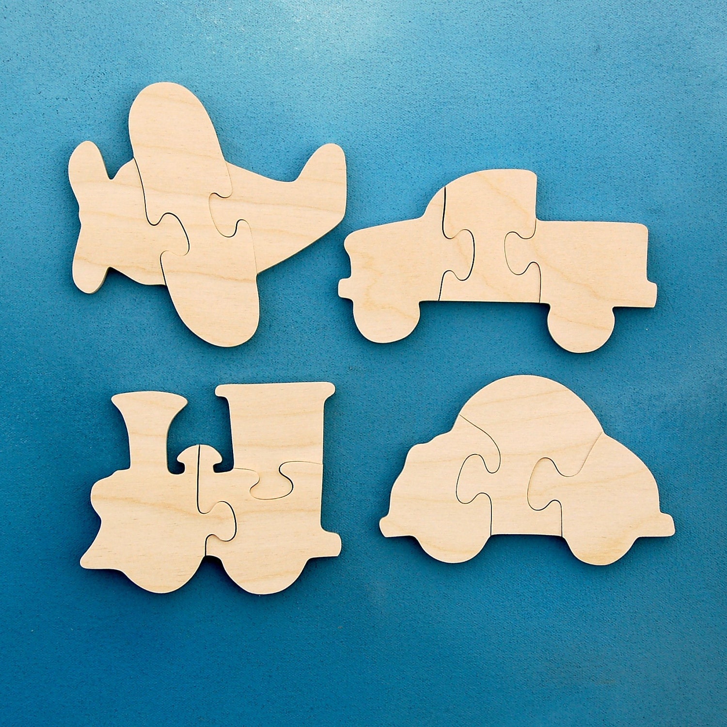 Childrens Wood Puzzles - Airplane Train Car Truck - Set of 4 Wooden Toy Vehicle Jigsaw Puzzles - Fun for Children and Toddlers