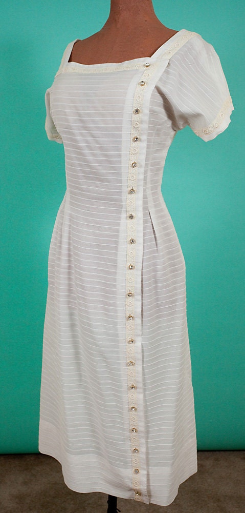 1950's Off White Pintucked Lace and Rhinestone Wiggle Dress, 36-27-40