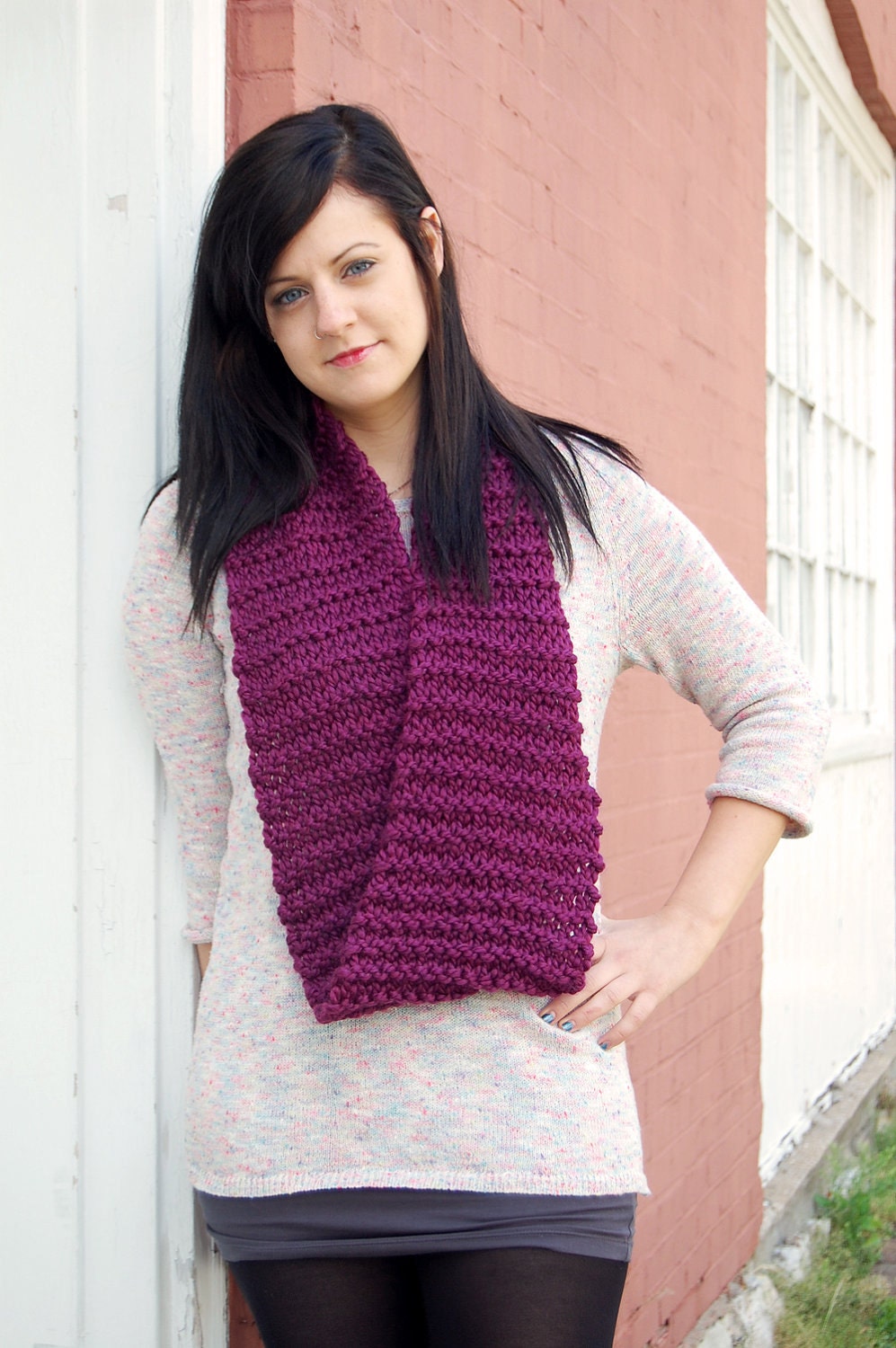 Wool Blend Infinity Scarf in Violet // Knitted Purple Circle Scarf // Long Plum Cowl
