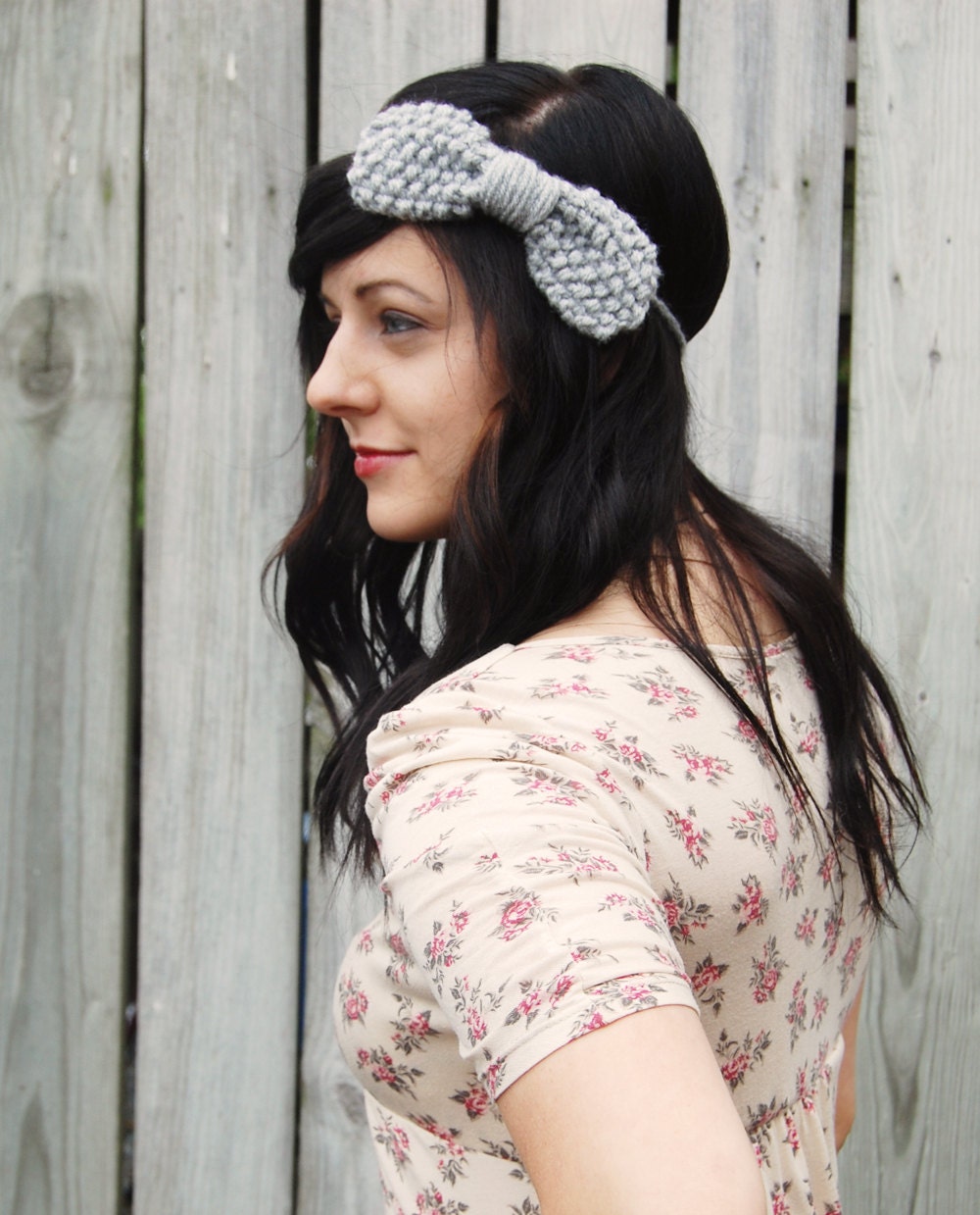 Knit Headband in Grey with Large Bow // Adult Light Gray Bow // Preppy Knitted Headband