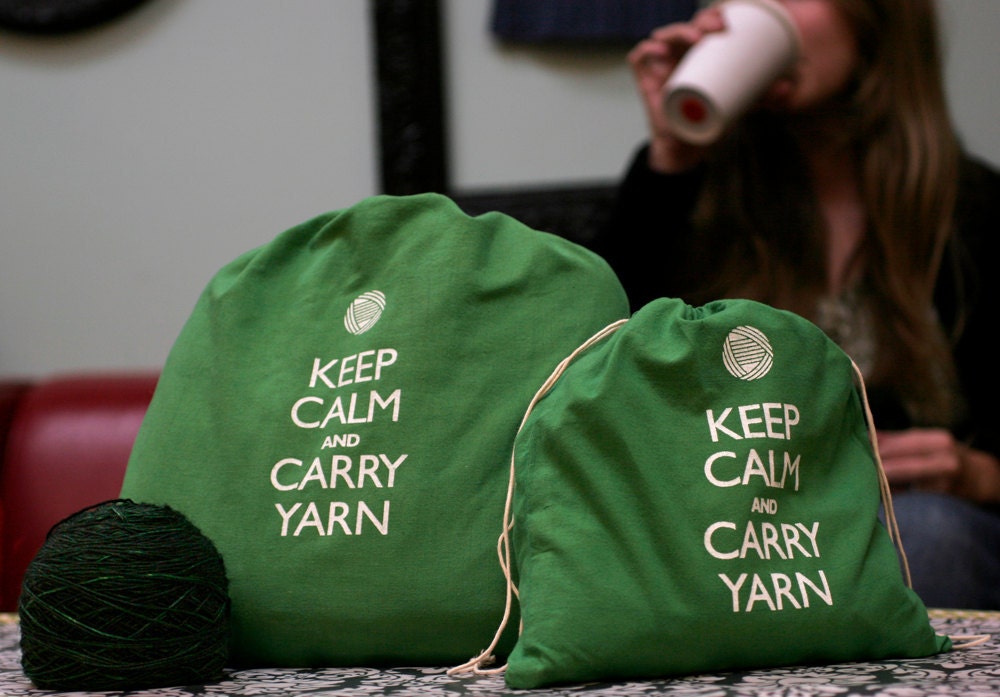 Small knitting project bag - Keep Calm and Carry Yarn - Jennie green