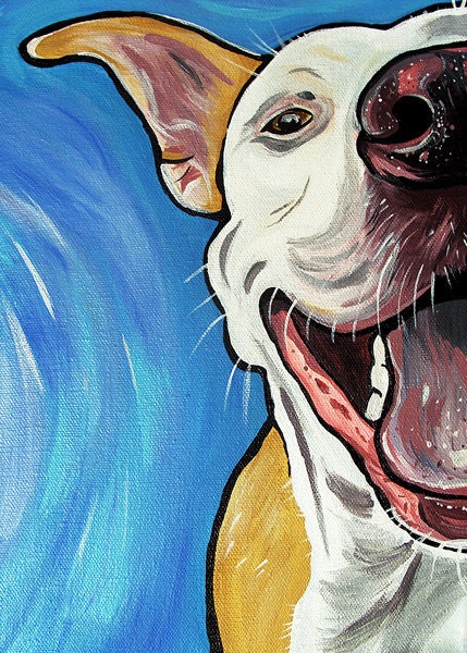 Smiling PIT BULL dog art print happy blue bright colors 5x7