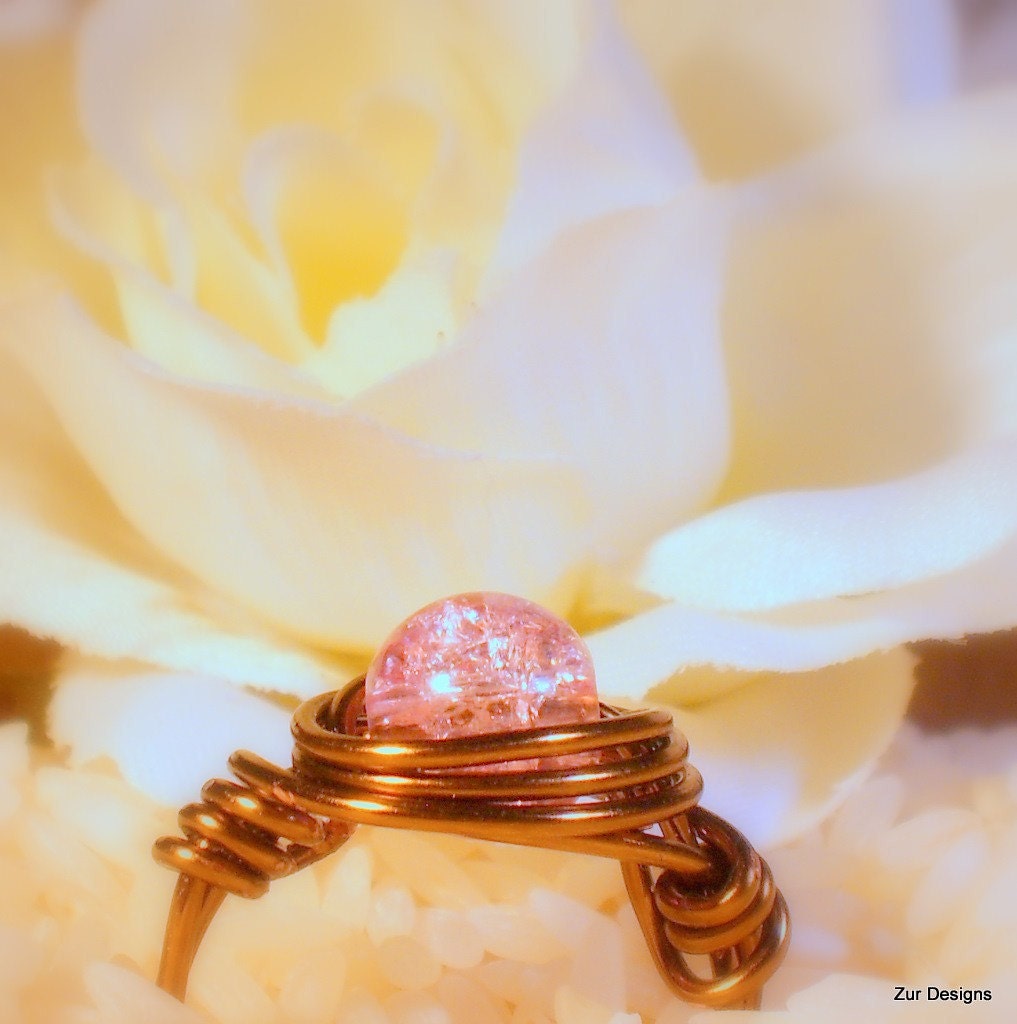 Pink Crackle Glass Wire Wrapped Ring