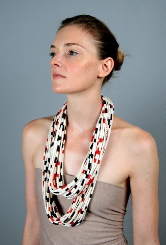 Red Black Infinity Scarf Necklace - Womens Fashion Mens Necklace Fabric Cotton - Circle Scarf Necklaces Burning Man