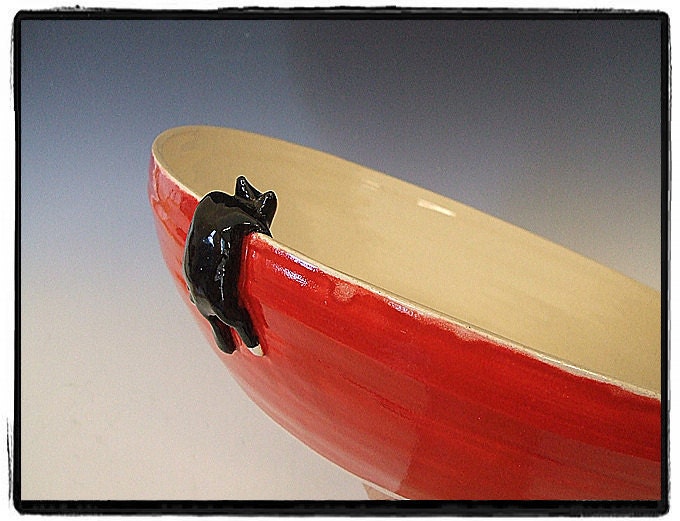 Peekaboo Super Big Bowl with Black Cat and Bone Fish in Red and White Glaze by misunrie