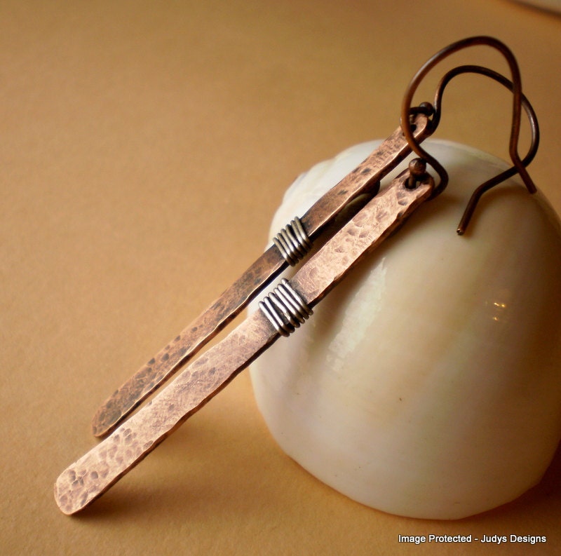 Copper hammered sterling silver earrings, stick, wire wrapped