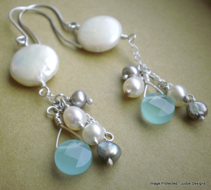 Pearl earrings with white and grey pearls, chalcedony on sterling silver