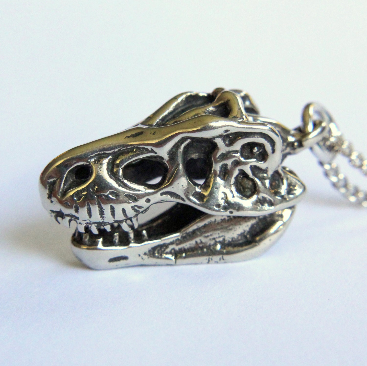 Silver T Rex Skull Pendant Necklace in Solid White Bronze with Sterling Overlay T-Rex